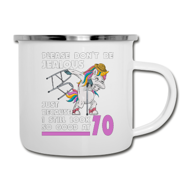 70 Geburtstag Geschenk Emaille Tasse - 70. Geburtstag 70 Jahre Einhorn mit Rollator Stock