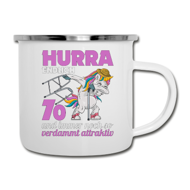 70 Geburtstag Geschenk Emaille Tasse - 70. Geburtstag 70 Jahre Einhorn mit Rollator Stock