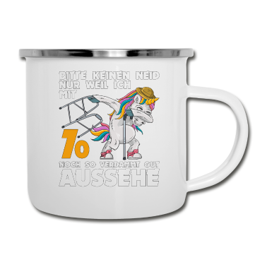 70 Geburtstag Geschenk Emaille Tasse - 70. Geburtstag 70 Jahre Einhorn mit Rollator Stock
