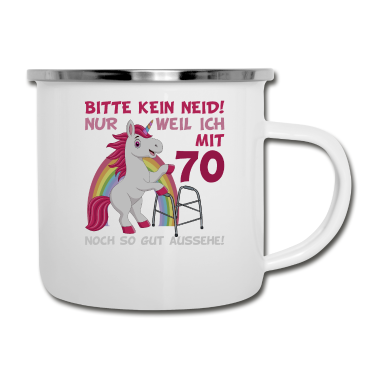 70 Geburtstag Geschenk Emaille Tasse - 70. Geburtstag 70 Jahre Einhorn mit Rollator Stock