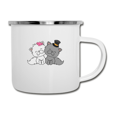 Hochzeit Emaille Tasse - Fröhliche Katzen Braut und Bräutigam Hochzeit