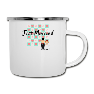 Hochzeit Emaille Tasse - Just Married - Spruch mit Cartoon Brautpaar