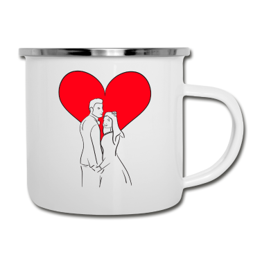 Hochzeit Emaille Tasse - Hochzeitspaar mit Herz - Lineart Illustration