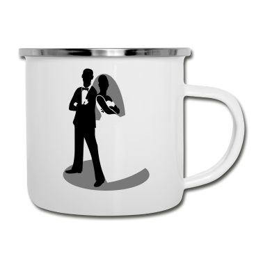 Hochzeit Emaille Tasse - coole Braut und Bräutigam als Silhouette Figuren