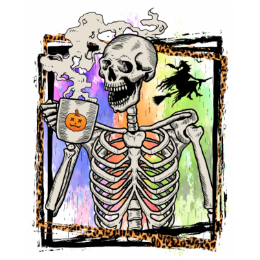 Motiv Skeleton Drinking Coffee Witch Pumpkin Halloween