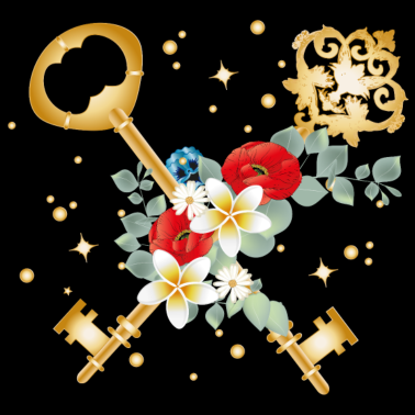 Motiv zwei gekreuzte Schlüssel mit verschiedenen Blüten