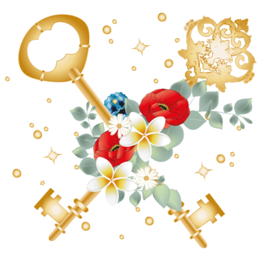 Motiv zwei gekreuzte Schlüssel mit verschiedenen Blüten