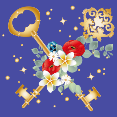 Motiv zwei gekreuzte Schlüssel mit verschiedenen Blüten