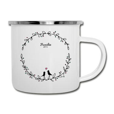 Einzug Emaille Tasse - Blumenkranz Vogelfamilie | mit Name bedrucken