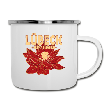 Einzug Emaille Tasse - Lübeck Heimathafen mit roter Blüte