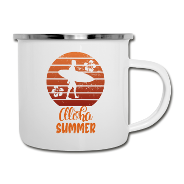 Einzug Emaille Tasse - Aloha Sommer mit Surfer und Surfboard Sunset Retro