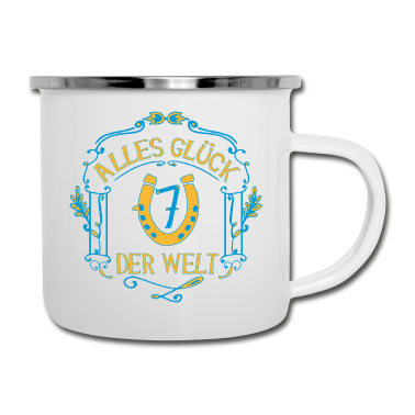 Einzug Emaille Tasse - GLÜCKSBRINGER - Alles Glück der Welt | gelb-blau