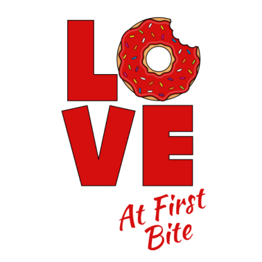 Motiv Love Logo mit Text Love at first bite Donut rot