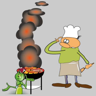 Motiv Griller mit grinsender Grille. Grafik zum Grillen