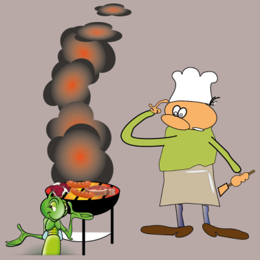 Motiv Griller mit grinsender Grille. Grafik zum Grillen