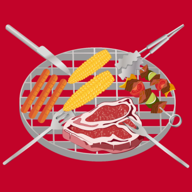 Motiv Ein Grill mit Grillbesteck und Grill Leckereien