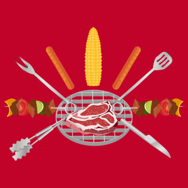 Motiv Ein Grill mit Grillbesteck und Grill Leckereien