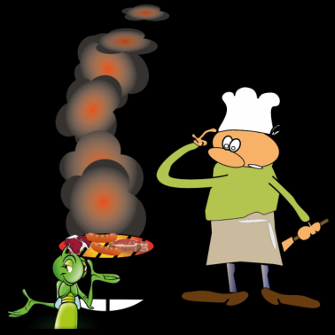 Motiv Griller mit grinsender Grille. Grafik zum Grillen