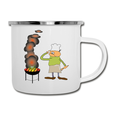 Grillen Emaille Tasse - Griller mit lustiger GRILLE auf dem Grill