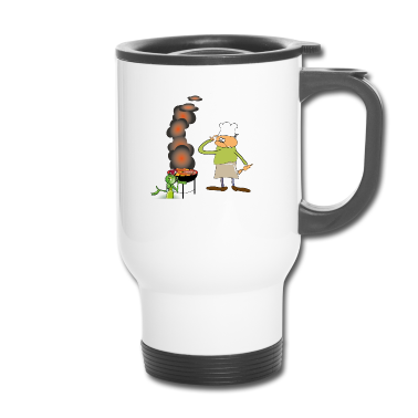 Grillen Thermobecher - Griller mit grinsender Grille. Grafik zum Grillen