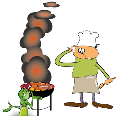 Motiv Griller mit grinsender Grille. Grafik zum Grillen