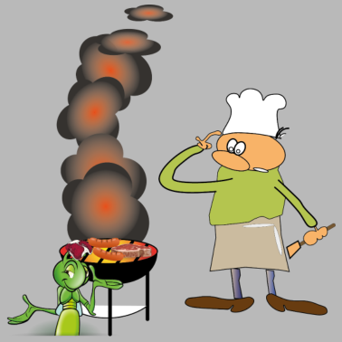 Motiv Griller mit grinsender Grille. Grafik zum Grillen