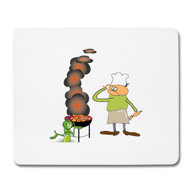 Grillen Mousepad - Griller mit grinsender Grille. Grafik zum Grillen
