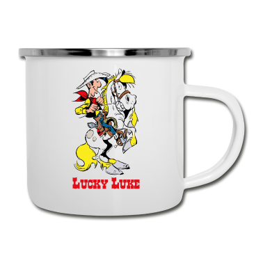Pferde Emaille Tasse - Lucky Luke mit Pferd Jolly Jumper