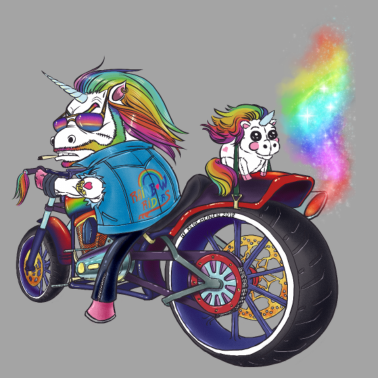 Motiv Alpha Einhorn auf coolem Motorrad mit Regenbogen
