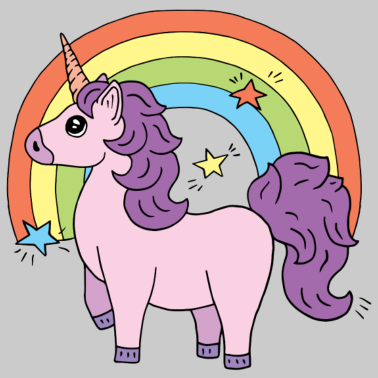 Motiv Einhorn Elsbeth vor einem Regenbogen