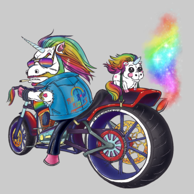 Motiv Alpha Einhorn auf coolem Motorrad mit Regenbogen