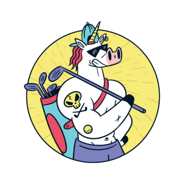 Motiv Starkes Einhorn mit Tätowierung spielt Golf