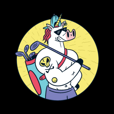 Motiv Starkes Einhorn mit Tätowierung spielt Golf