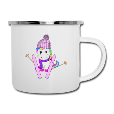 Einhörner Emaille Tasse - Einhorn Regenbogen Glitzer Ski Schnee Winter