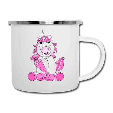 Einhörner Emaille Tasse - Lachendes Einhorn Schultüte Schule Kind pink rosa