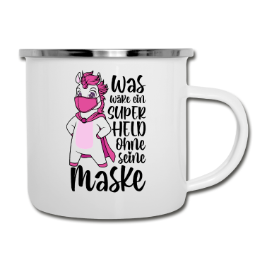 Einhörner Emaille Tasse - Einhorn Superheld Maske Mundschutz lustige Sprüche
