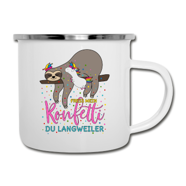 Einhörner Emaille Tasse - Fasching Fress mein Konfetti Einhorn Faultier