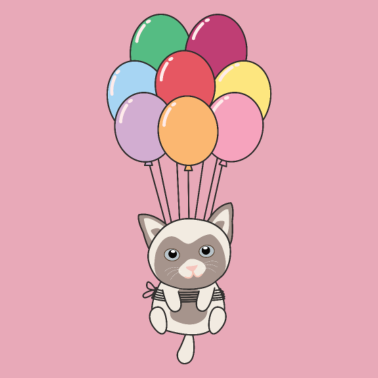 Motiv Katze fliegt mit bunten Luftballons nach oben