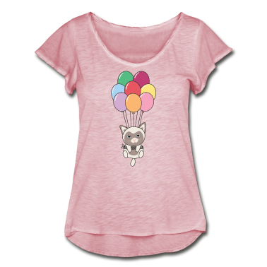Katzen T-Shirt - Katze fliegt mit bunten Luftballons nach oben
