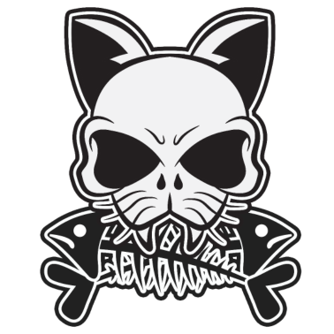 Motiv Totenkopf Katze mit Fischgräten im Mund