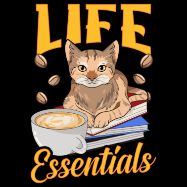 Motiv Niedliche Lebensnotwendigkeiten sind Kaffee, Bücher und Katzen
