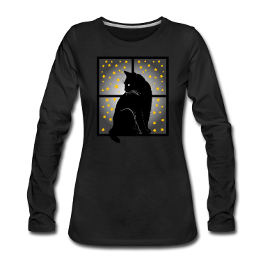 Katzen Langarmshirt - Katze Vor Fenster Nacht Sterne Für Damen Herren