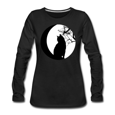 Katzen Langarmshirt - Mond Katze Vollmond Halbmond Halloween Gothic
