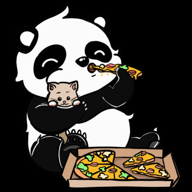 Motiv Süßer Pizza essender Panda mit Kätzchen in Hand