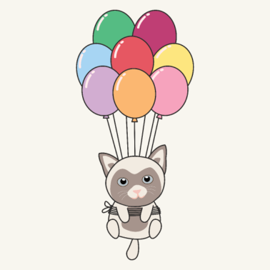 Motiv Katze fliegt mit bunten Luftballons nach oben