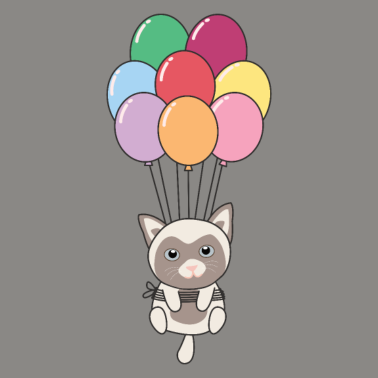 Motiv Katze fliegt mit bunten Luftballons nach oben