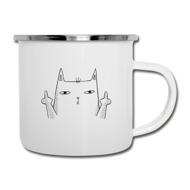Katzen Emaille Tasse - Lustiges Katzenbild Katze zeigt beide Mittelfinger