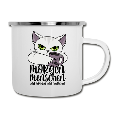Katzen Emaille Tasse - Katze Morgenmenschen Morgen Menschen Kaffee Spruch