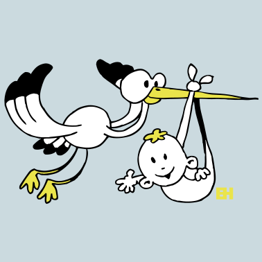 Motiv Geburt. Der Storch bringt die Babys.