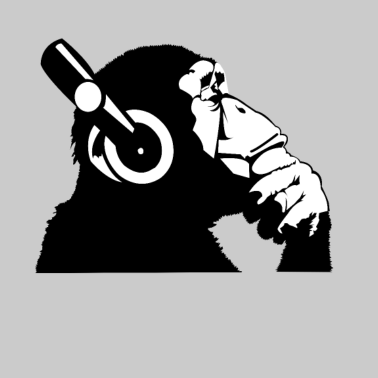 Motiv Schimpanse mit Kopfhörern der Musik hört